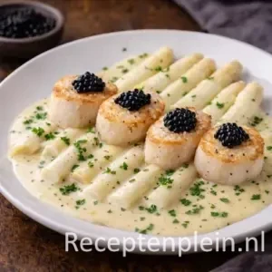 Coquilles met vanillesaus en kaviaar op een rustieke houten tafel.