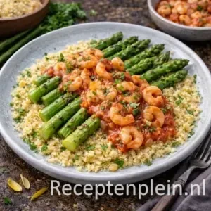 Couscous met asperges en garnalen op een rustieke houten tafel.