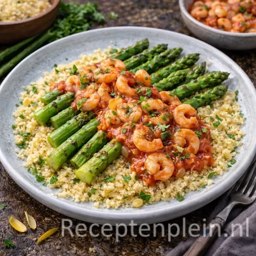 Couscous met asperges en garnalen op een rustieke houten tafel.