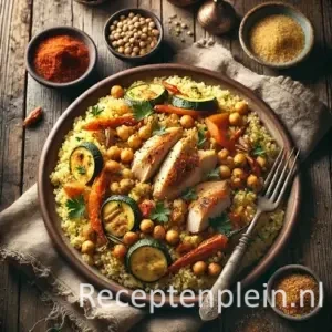 Hyperrealistische foodfoto van couscous met kip geserveerd op een grote ondiepe keramische schaal op een rustieke houten tafel, licht uitgezoomd zodat het tafelblad duidelijk zichtbaar is. Luchtige goudgele couscous is bedekt met gekruide geroosterde kip, kikkererwten, courgette, wortel en rode paprika, afgewerkt met verse peterselie en amandelen. Rondom staan kleine schaaltjes met specerijen en harissa, een lepel en een linnen doek in warm natuurlijk licht met een premium foodmagazine uitstraling.