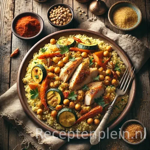 Hyperrealistische foodfoto van couscous met kip geserveerd op een grote ondiepe keramische schaal op een rustieke houten tafel, licht uitgezoomd zodat het tafelblad duidelijk zichtbaar is. Luchtige goudgele couscous is bedekt met gekruide geroosterde kip, kikkererwten, courgette, wortel en rode paprika, afgewerkt met verse peterselie en amandelen. Rondom staan kleine schaaltjes met specerijen en harissa, een lepel en een linnen doek in warm natuurlijk licht met een premium foodmagazine uitstraling.
