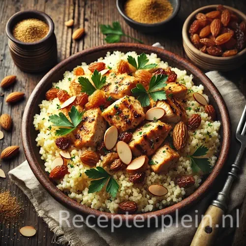 Couscous met kip en amandelen op rustieke houten tafel