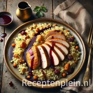 Hyperrealistische foodfoto van luchtige couscouspilaf met kleine groenten en kruiden, geserveerd met in plakken gesneden goudbruin gebakken kipfilet en een glanzende donkerrode wijnjus die onregelmatig over het vlees en de couscous vloeit. Het gerecht ligt op een rustiek keramisch bord op een houten tafel. Naast het bord liggen een losjes gevouwen linnen servet, een klein kannetje met jus en enkele verspreide peterselieblaadjes in zacht natuurlijk zijlicht met subtiele, ongelijkmatige schaduwen.