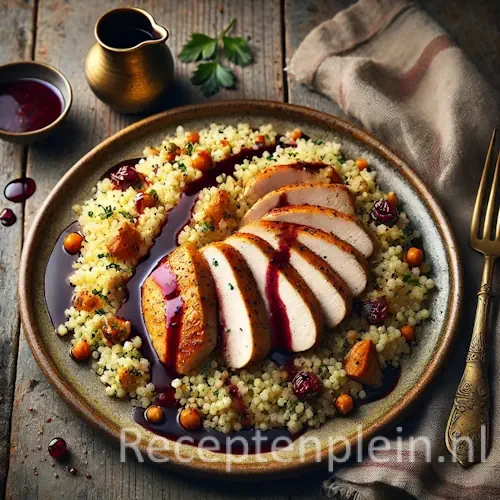 Hyperrealistische foodfoto van luchtige couscouspilaf met kleine groenten en kruiden, geserveerd met in plakken gesneden goudbruin gebakken kipfilet en een glanzende donkerrode wijnjus die onregelmatig over het vlees en de couscous vloeit. Het gerecht ligt op een rustiek keramisch bord op een houten tafel. Naast het bord liggen een losjes gevouwen linnen servet, een klein kannetje met jus en enkele verspreide peterselieblaadjes in zacht natuurlijk zijlicht met subtiele, ongelijkmatige schaduwen.