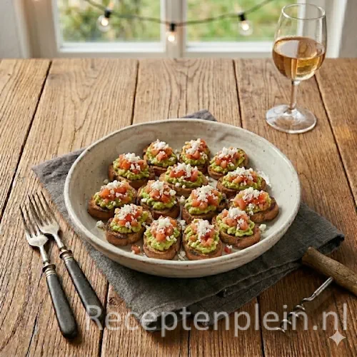crostini met avocado en tomaat op een rustieke houten tafel.