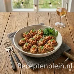 crostini met garnalen op een rustieke houten tafel.