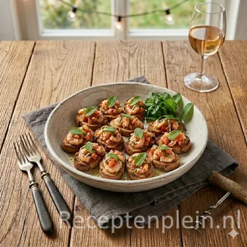 crostini met garnalen op een rustieke houten tafel.