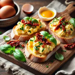 Golden toasted crostini topped with creamy scrambled eggs, sun-dried tomatoes, and fresh basil, served on a rustic wooden board with a Mediterranean kitchen background.