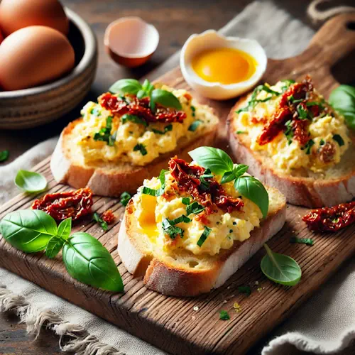 Golden toasted crostini topped with creamy scrambled eggs, sun-dried tomatoes, and fresh basil, served on a rustic wooden board with a Mediterranean kitchen background.