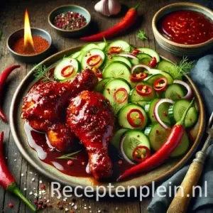 duivelse kip pikante komkommersalade op rustieke houten tafel met verse komkommer