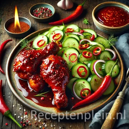 duivelse kip pikante komkommersalade op rustieke houten tafel met verse komkommer