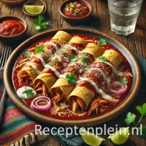 Hyperrealistische foodfoto van enchilada's met gerookte kip geserveerd op een rustieke keramische schaal op een houten tafel, licht uitgezoomd zodat het tafelblad duidelijk zichtbaar is. Drie opgerolde maïstortilla’s gevuld met gerookte kip liggen in een rijke rode enchiladasaus en zijn bestrooid met gesmolten kaas, koriander en dunne ringen rode ui. Rondom staan schaaltjes salsa, limoenpartjes, een kleurrijke geweven doek en een glas frisdrank in warm natuurlijk daglicht met een levendige Mexicaanse premium foodmagazine uitstraling.