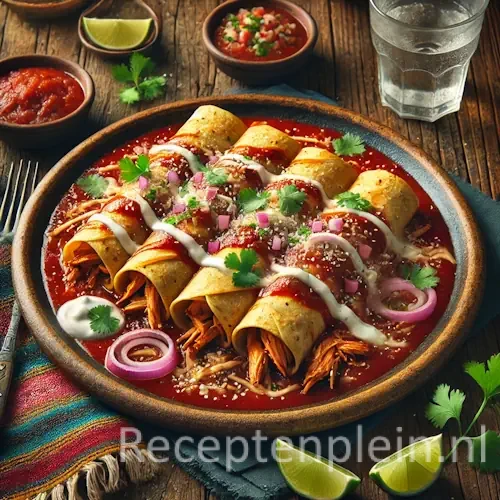 Hyperrealistische foodfoto van enchilada's met gerookte kip geserveerd op een rustieke keramische schaal op een houten tafel, licht uitgezoomd zodat het tafelblad duidelijk zichtbaar is. Drie opgerolde maïstortilla’s gevuld met gerookte kip liggen in een rijke rode enchiladasaus en zijn bestrooid met gesmolten kaas, koriander en dunne ringen rode ui. Rondom staan schaaltjes salsa, limoenpartjes, een kleurrijke geweven doek en een glas frisdrank in warm natuurlijk daglicht met een levendige Mexicaanse premium foodmagazine uitstraling.