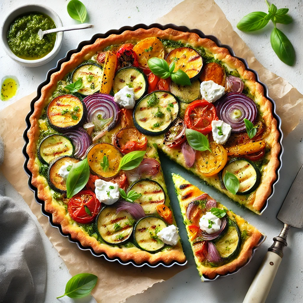 Gegratineerde Groentetaart met Geitenkaas en Pesto