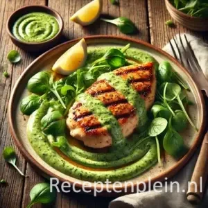 Gegrilde Kip met Romige Waterkerssaus op rustieke houten tafel