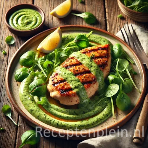 Gegrilde Kip met Romige Waterkerssaus op rustieke houten tafel