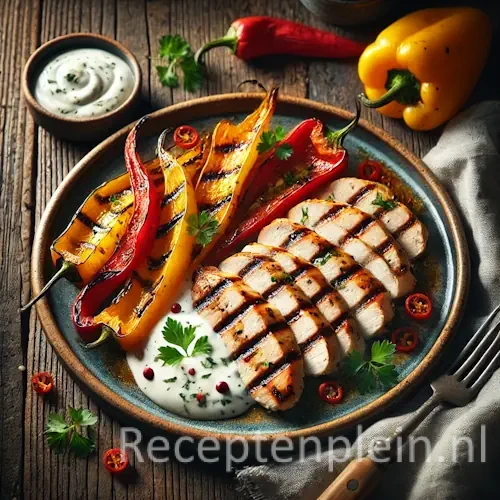 gegrilde kipfilet yoghurtsaus paprika met geroosterde paprika’s