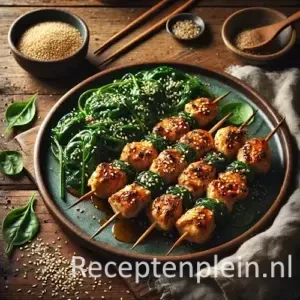 gegrilde kipspiesen sesam spinazie op rustieke houten tafel met sesamzaad