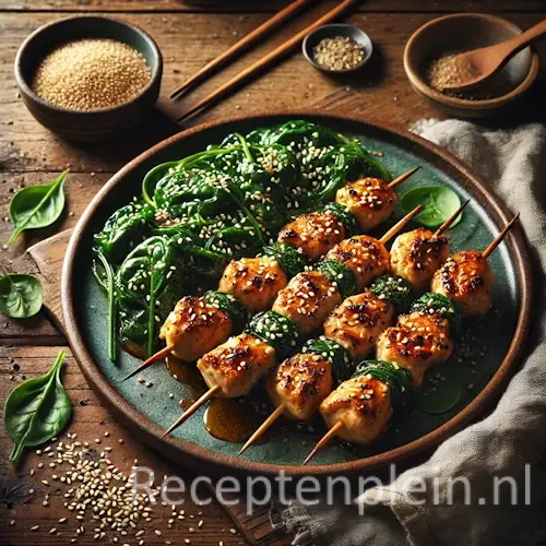 gegrilde kipspiesen sesam spinazie op rustieke houten tafel met sesamzaad