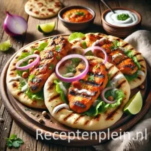 Gegrilde Kiptikka Naanbroodjes op rustieke houten tafel