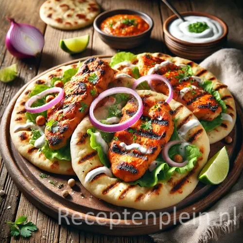 Gegrilde Kiptikka Naanbroodjes op rustieke houten tafel
