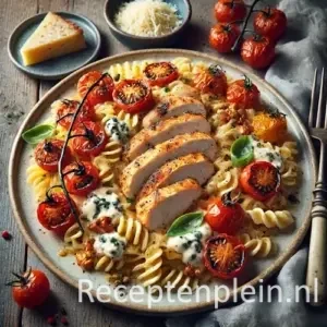 Gegrilde Tomaten Pasta met Gorgonzola Kaassaus en Kipfilet op rustieke houten tafel