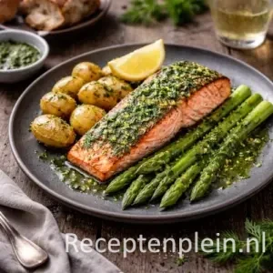 Gegrilde zalmfilet met tuinkruiden op een rustieke houten tafel.