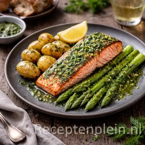 Gegrilde zalmfilet met tuinkruiden op een rustieke houten tafel.