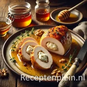 Geitenkaas gevulde kipfilet met honingjus op rustieke houten tafel