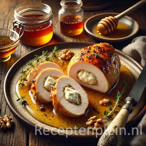 Geitenkaas gevulde kipfilet met honingjus op rustieke houten tafel