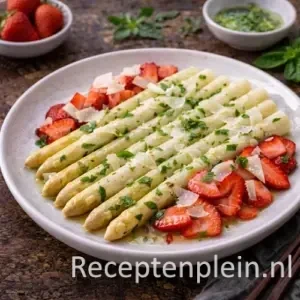 Gemarineerde asperges met aardbeien en Parmezaanse kaas op rustieke houten tafel