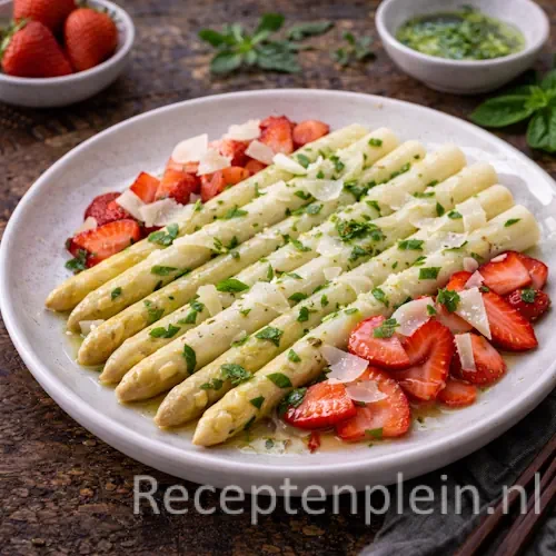 Gemarineerde asperges met aardbeien en Parmezaanse kaas op rustieke houten tafel