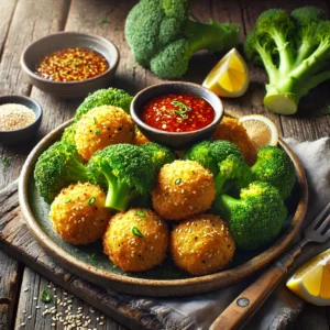 Geroosterde broccoli beignets, goudbruin en knapperig, geserveerd op een rustiek bord met een schaaltje zoete chilisaus, omringd door verse broccoliroosjes, een gehalveerde citroen en een vleugje sesamzaad, op een oude houten tafel.