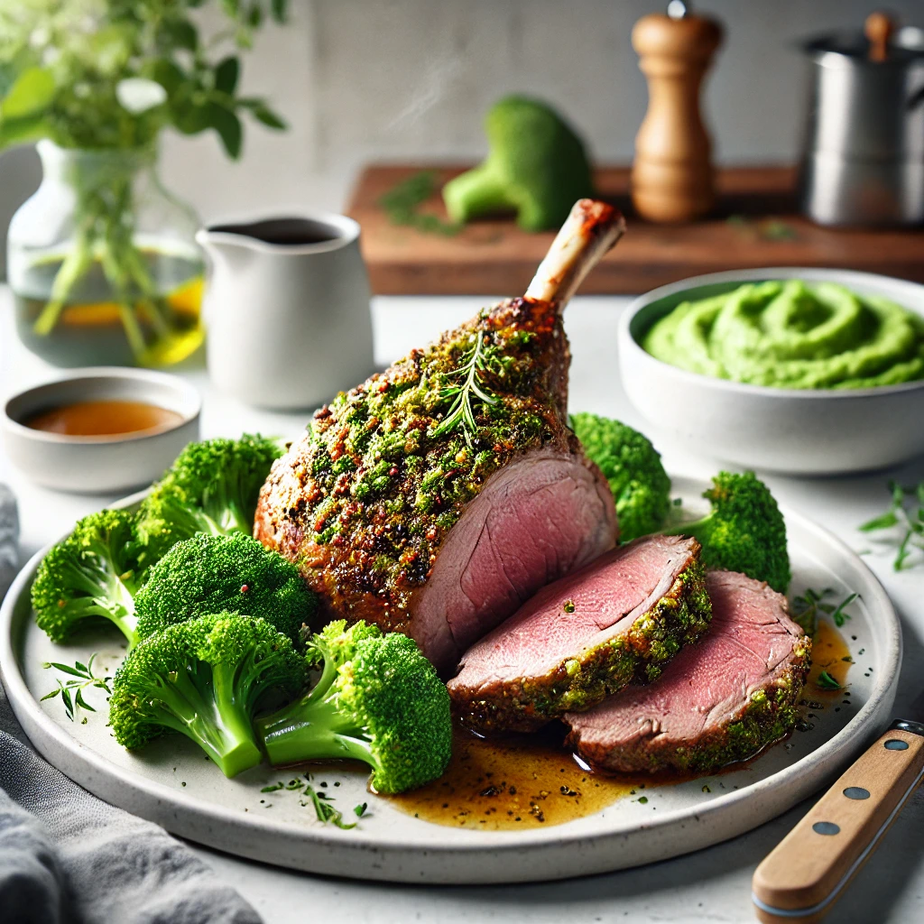 Geroosterde Lamsbout met Kruidenkorst en Broccolipuree