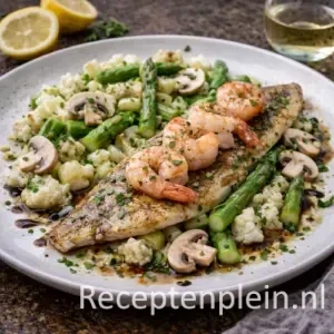 Geroosterde forelfilet met scampi en aspergesalade op een rustieke houten tafel.