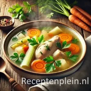 Gestoomde kip in bouillon met wortel en prei op houten tafel