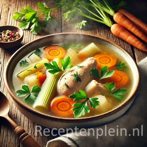 Gestoomde kip in bouillon met wortel en prei op houten tafel