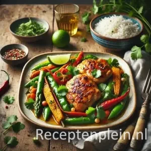 Geurige korianderkip met Thaise groenten op rustieke houten tafel