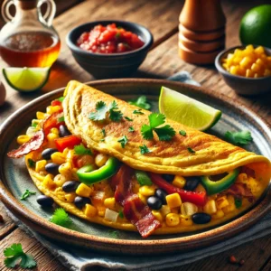 Een rustieke houten tafel met een gevouwen omelet, gevuld met knapperige spekjes en kleurrijke Mexicaanse groenten zoals paprika, maïs, ui en zwarte bonen. De omelet is goudgeel en licht luchtig, gegarneerd met gehakte koriander en een partje limoen. Geserveerd op een keramisch bord met een klein schaaltje salsa erbij. De achtergrond toont een knusse ontbijttafel met warme, natuurlijke verlichting.