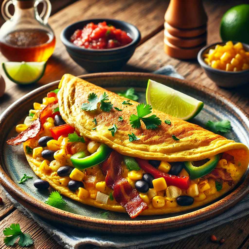 Een rustieke houten tafel met een gevouwen omelet, gevuld met knapperige spekjes en kleurrijke Mexicaanse groenten zoals paprika, maïs, ui en zwarte bonen. De omelet is goudgeel en licht luchtig, gegarneerd met gehakte koriander en een partje limoen. Geserveerd op een keramisch bord met een klein schaaltje salsa erbij. De achtergrond toont een knusse ontbijttafel met warme, natuurlijke verlichting.