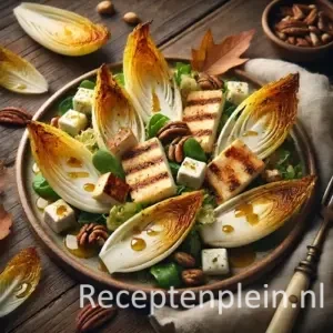 Herfstsalade met gebakken ricotta, gerookte kip en witlof op rustieke houten tafel