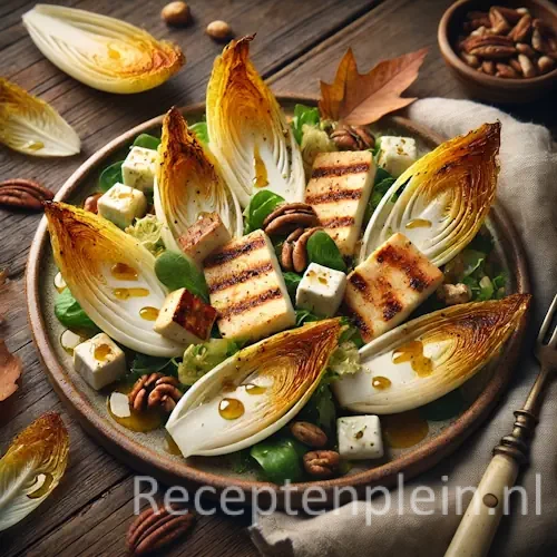 Herfstsalade met gebakken ricotta, gerookte kip en witlof op rustieke houten tafel