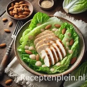 IJsbergsalade met kipfilet en amandelmayonmaïse op rustieke houten tafel