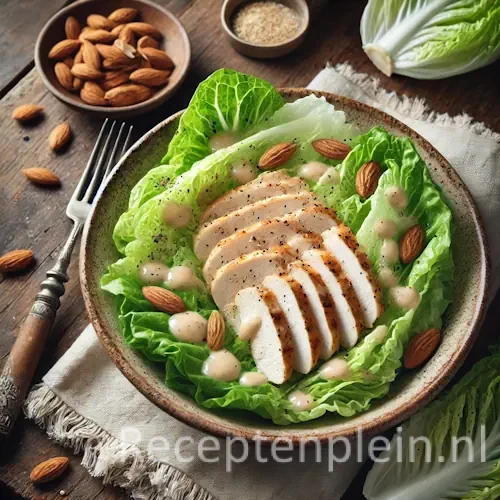IJsbergsalade met kipfilet en amandelmayonmaïse op rustieke houten tafel