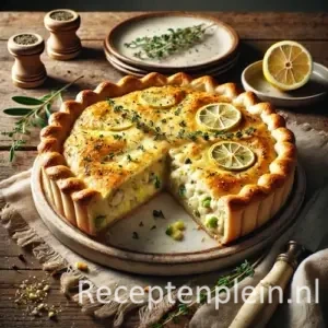 Italiaanse kiptaart met citroen en kruiden op rustieke houten tafel