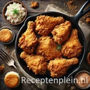 Kentucky fried chicken in gietijzeren pan op rustieke houten tafel