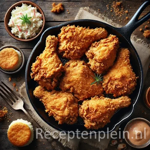 Kentucky fried chicken in gietijzeren pan op rustieke houten tafel