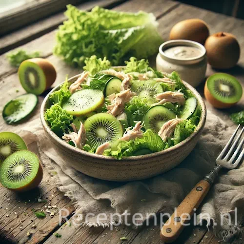 Kiwi kipsalade op rustieke houten tafel