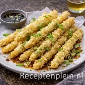 Knapperige asperge tempura met sojadipsaus op een rustieke houten tafel.