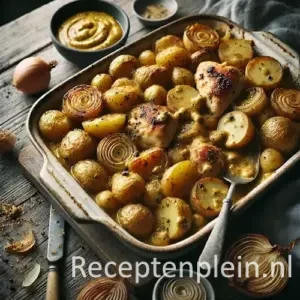 Krieltjesschotel met gemarineerde kip in mosterdsaus op rustieke houten tafel